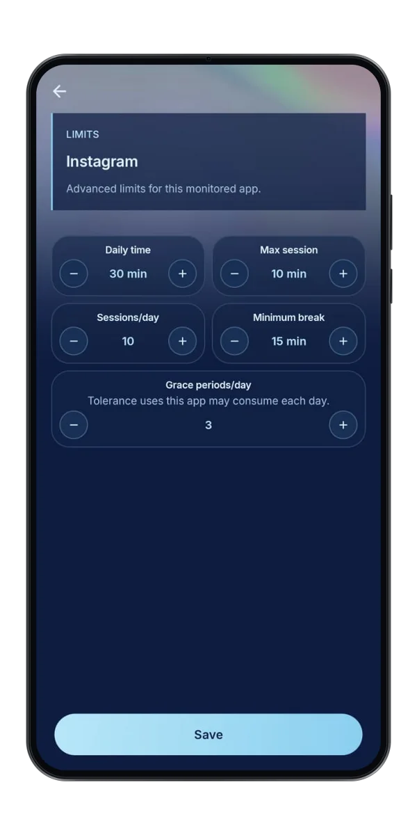 Scroll Hush advanced limits with minimum breaks, quiet hours and grace periods