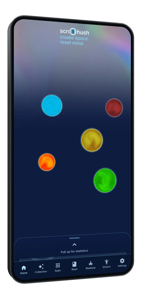 Scroll Hush home screen showing quiet time progress and unlocked Orbits