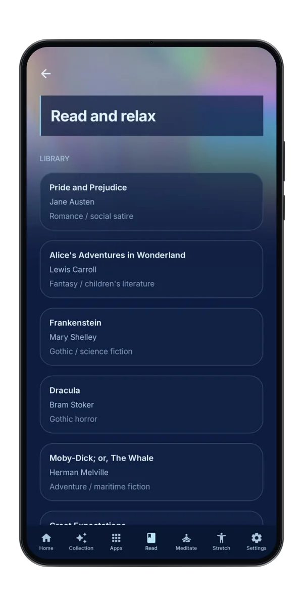 Scroll Hush library with classic titles to read instead of scrolling