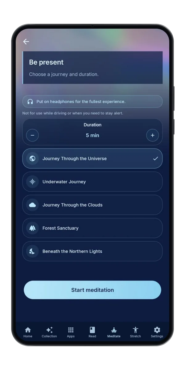 Scroll Hush guided meditation screen with themes and duration