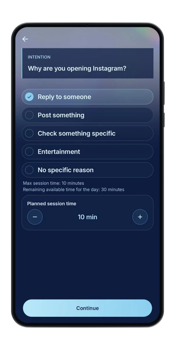 Scroll Hush intention screen asking why you are opening Instagram with planned session time