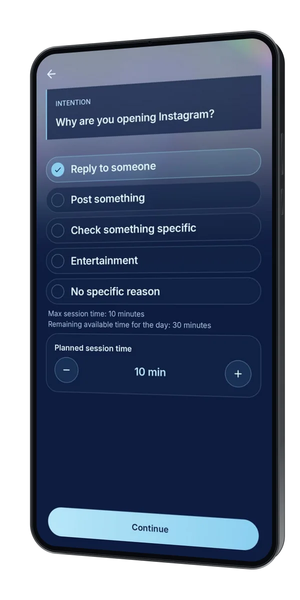 Scroll Hush intention screen: choose why you are opening a social app and set planned session time