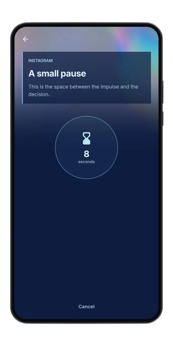 Scroll Hush short pause screen shown before continuing into a social app