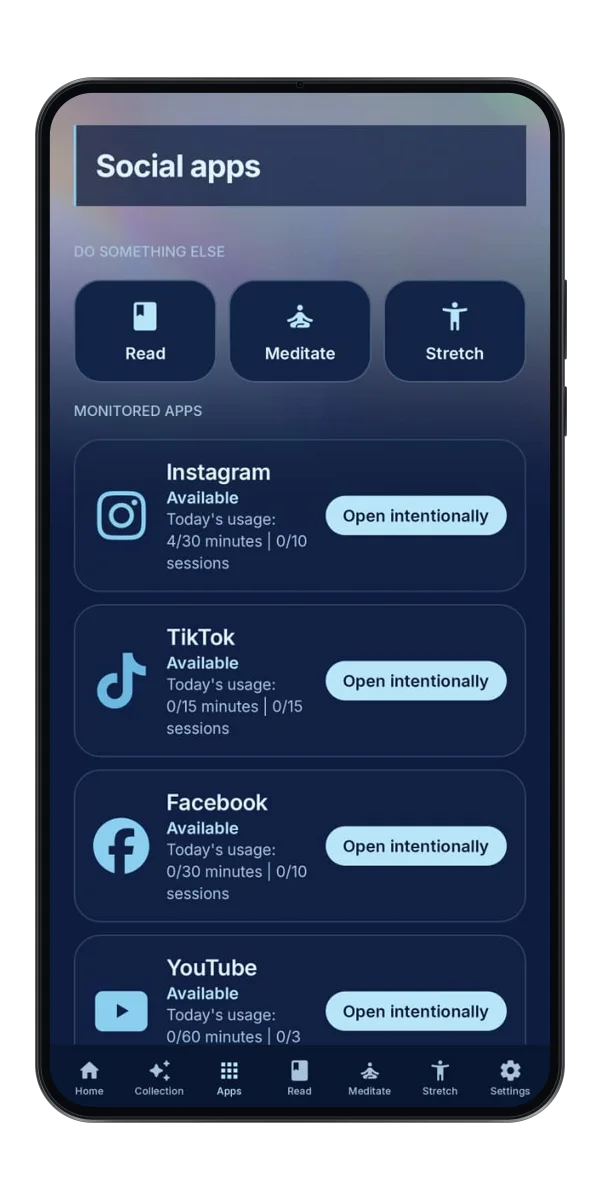 Scroll Hush Social apps screen listing monitored apps with intentional open actions