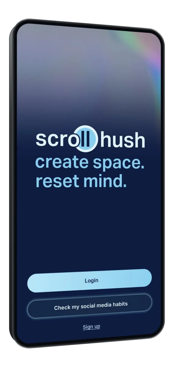 Scroll Hush splash screen with app branding and login options
