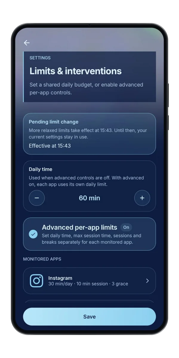 Scroll Hush usage limits for daily time, sessions and breaks