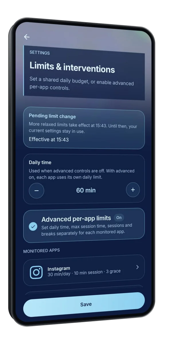 Scroll Hush usage limits for daily time, sessions and breaks